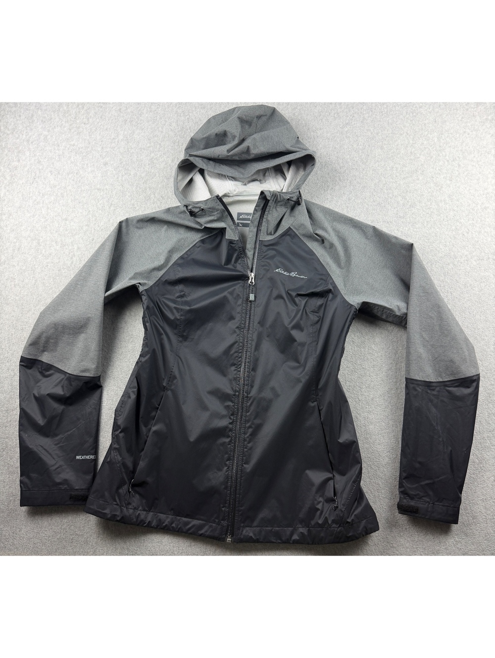 Eddie Bauer WeatherEdge Women’s Small Hooded Rain Jacket Black Gray Waterproo
